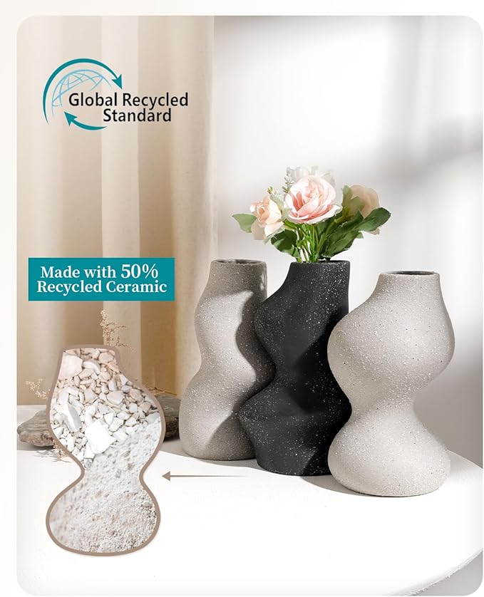 BosilunLife Decorative Vase Set of 3, Nested Curved Recycled Ceramic, Speckled Wabi-Sabi Home Decor, Modern Boho Centerpiece for Living Room Mantel & Office (Black & Grey)