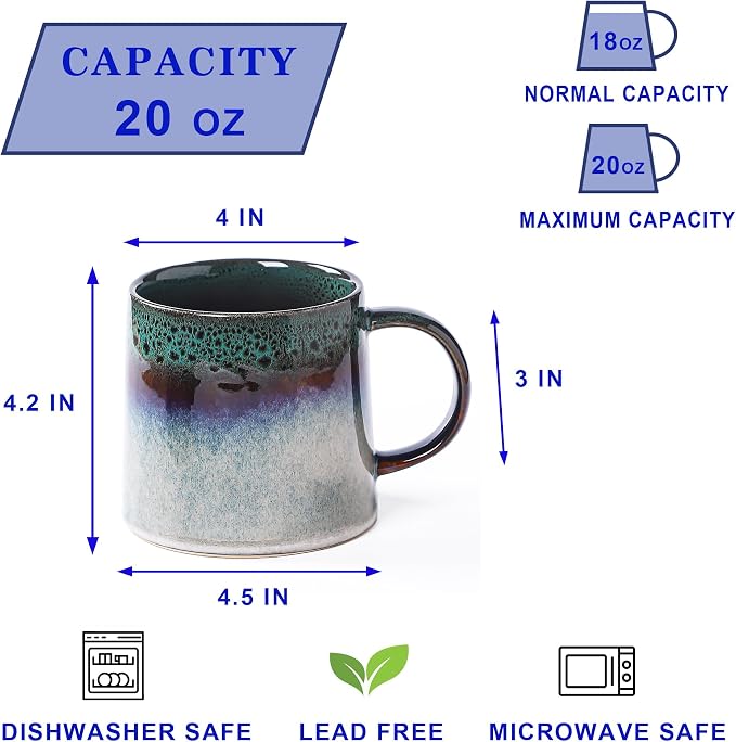Large Ceramic Coffee Mugs, 20 oz Handmade Pottery Mug, Big Tea Cups with Handle for Office and Home, Dishwasher and Microwave Safe (Ink Green)