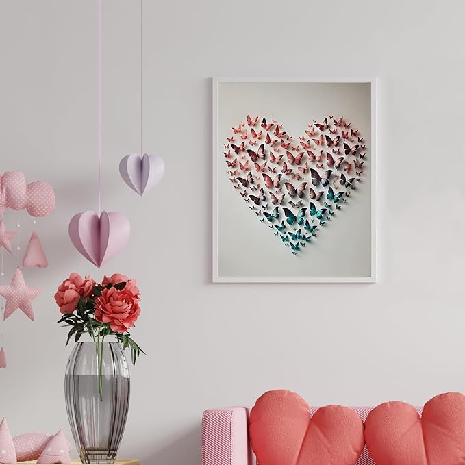 InkFlow Posters Butterfly Heart Poster - 3D Paper Butterflies in Pink, Blue, and Teal - Abstract Love Art for Bedroom, Living Room, Home - 11x14 Unframed Canvas Print