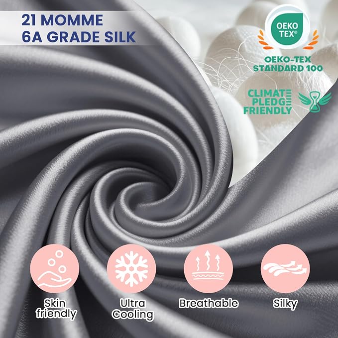 Ravmix Silk Pillow Cases with Zipper, 21momme Mulberry Silk Pillowcase for Hair Skin Health, Soft Smooth Breathable Cool Pillow Cover for Beauty Sleep with Gift Box 1PC(Queen 20"x30", Lilac Grey)