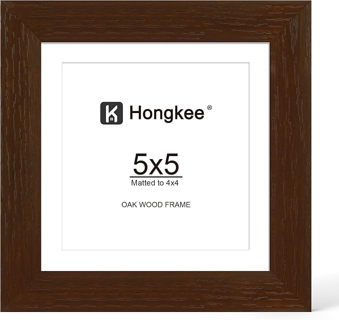 Hongkee 5x5 Oak Wood Picture Frame 1 Pack(Matted 4x4) with Real Glass Cover | Walnut, 5 x 5 Solid Wood Frame for Wall or Tabletop Display - Includes Easel Back, Vertical Hang - Ideal for Home, Office