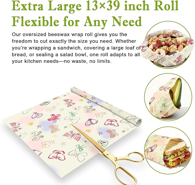 Reusable Beeswax Wraps For Foods, Cheese, Sandwich & Bread- 13 x 39'' Cut to Size - Eco-Friendly Food Storage Alternative to Plastic Wrap & Cheese Paper (Butterfly Pattern001, 13x39'')