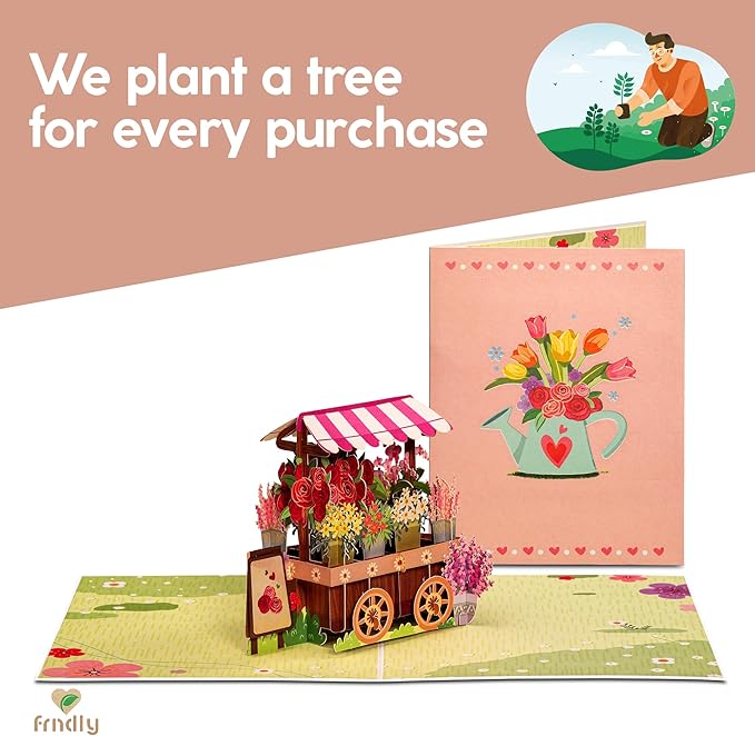 Paper Love Frndly Pop Up Valentine's Day Card, Flower Stand, Handmade 3D Popup Cards, 100% Recycled and Eco-Friendly, 8" x 6" Cover - with Removable Note Tag