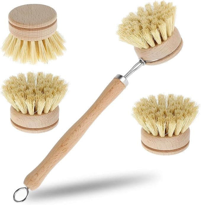 Bamboo Dish Brush Set Wooden Dish Brush with Natural Sisal and Coconut Durable Portable Kitchen Cleaning Brush Eco Friendly Zero Waste(4 pcs Strap Handle)