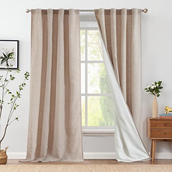 jinchan Linen Curtains with Privacy Lining 96 inch Length Lined Curtains for Living Room Bedroom Light Filtering Taupe Drapes Neutral Farmhouse Cottage Core Home Office Rod Pocket Back Tab 2 Panels