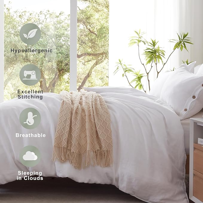TOSMO 100% Linen Duvet Cover Set with Button Closure, 3 Pieces (1 Duvet Cover with 2 Pillowcases), Soft Breathable Durable Farmhouse Bedding - King, White