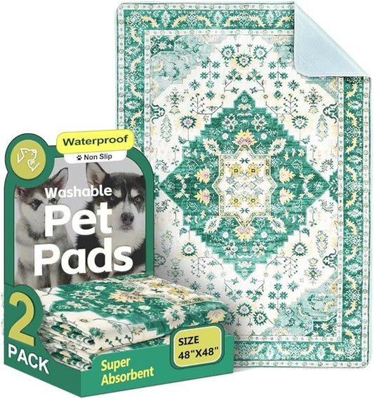 Washable Pee Pads for Dogs, 2 Pack Reusable Puppy Training Pads 48"x48" Super Absorbent Waterproof Dog Training Pads, Non-Slip Potty Pads, Whelping Pads Litter Mat Green Medallion