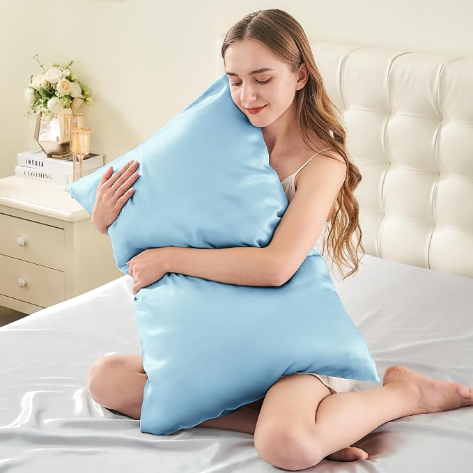 INFIIXSO Mulberry Silk Pillowcase for Hair and Skin, Silk Pillow Cases Queen Size Set of 2 with Hidden Zipper 20x30 Inches, Smooth and Soft Cooling Pillow Cases for Hot Sleepers(Light Blue, 2 Pack)