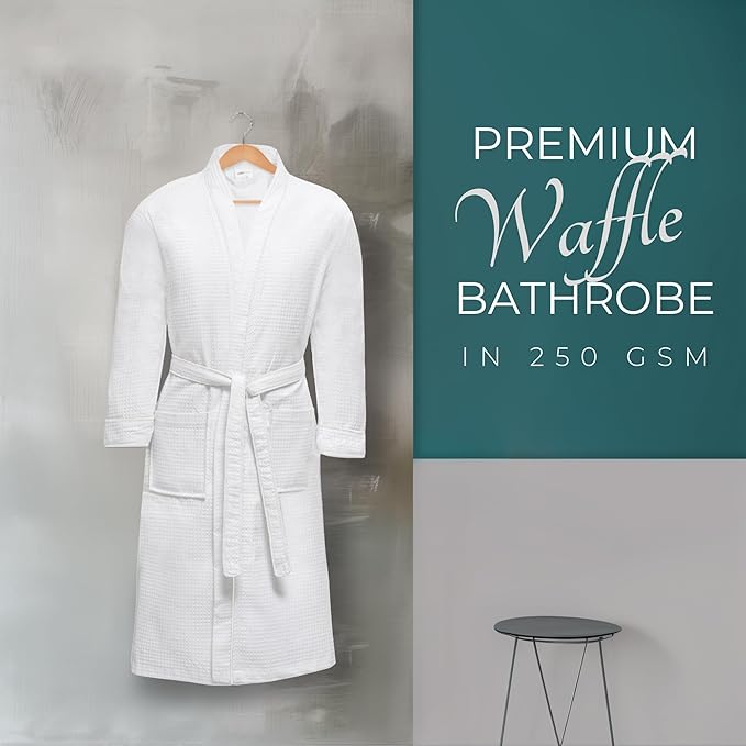 Looperry Unisex White Waffle Bathrobe (1 Piece) Luxurious & Lightweight Shower Robe in Organic Cotton Poly Blend