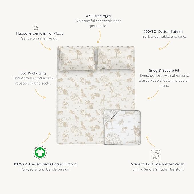 MakeMake Organics Organic Queen Fitted Sheet Set GOTS Certified Organic Cotton Fitted Sheet with Pillowcase Ultra Soft Non Toxic Breathable Hypoallergenic Animals Theme Room (Queen, Safari)