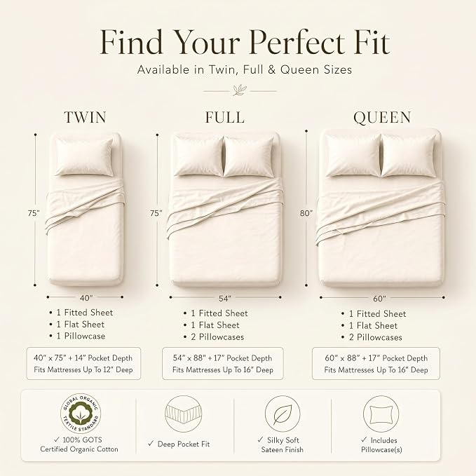 MakeMake Organics Organic Sheet Set Full (4 Piece) GOTS Certified Organic Cotton Sheets 300 TC Sateen Soft Fitted Sheet Flat Sheet Pillow Cases Toddler Kids (Full, Herringbone)