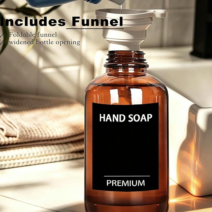 Amber 18 Oz Dish Soap Dispenser for Kitchen, Ultra-Thick Glass Soap Dispenser Set with Tray, Pump, Funnel for Bathroom, Liquid, Lotion, Shower, Laundry, (2 Pack with 12 Stickers)