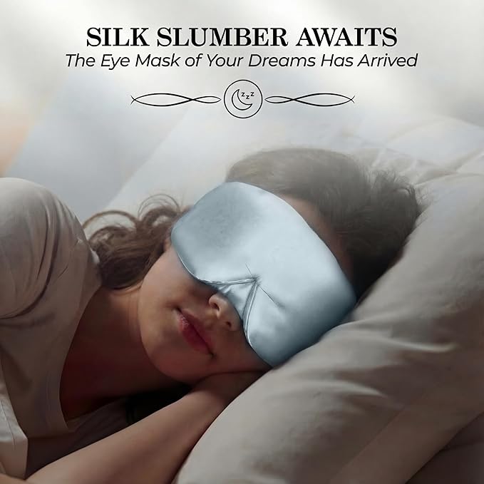 SLEEP SANCTUARY 100% Pure Mulberry Silk Sleep Mask - 22 Momme Light Blocking Hook & Loop Silk Eye Mask for Sleeping - Secure Fit for Side Sleepers, Women & Men - Cloud Soft (Misty Blue)