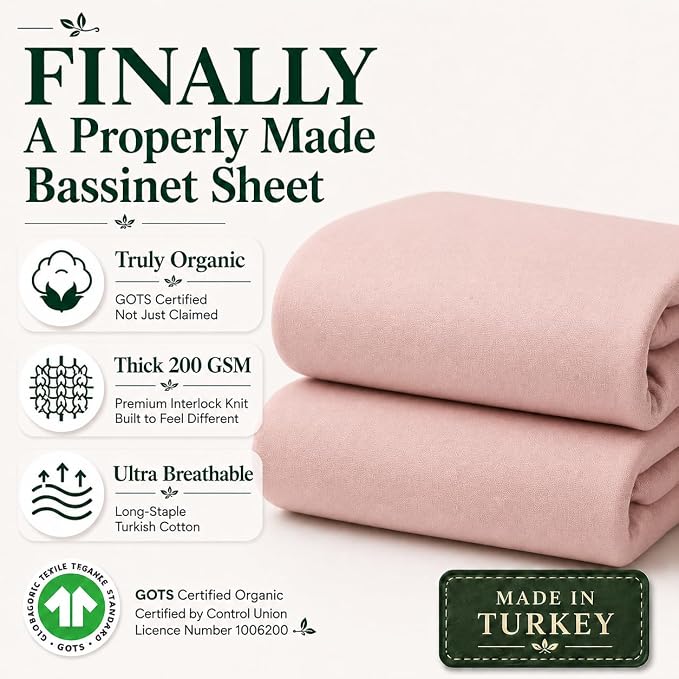 GOTS Organic Bedside Bassinet Sheets 33x20 and 35x19 for Baby Delight,Koola Baby Bond. Premium Weight Luxury Turkish Cotton - Rectangle Bassinet Sheets