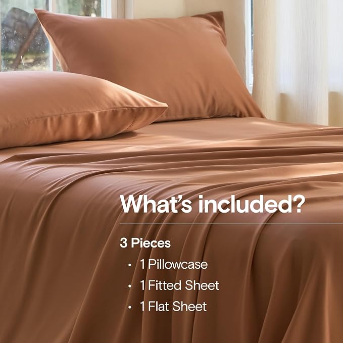 DOZ Sheet Set, 100% Viscose derived from Bamboo, Organically Grown, Buttery Soft, Cooling Sheets, High GSM, Deep Pockets - 3 Piece - 1 Pillowcase 1 Fitted 1 Top Sheet (Clay, Twin XL)