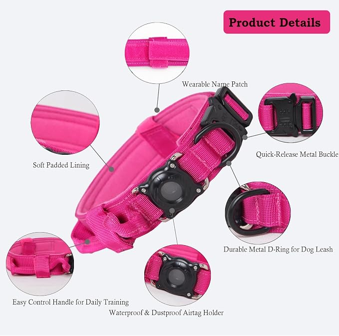 Upgraded AirTag Dog Collar,Waterproof Tactical Dog Collar with AirTag Holder, Control Handle and Metal Buckle,Heavy Duty Dog Collars for Large Dogs (Rose Red，XXL