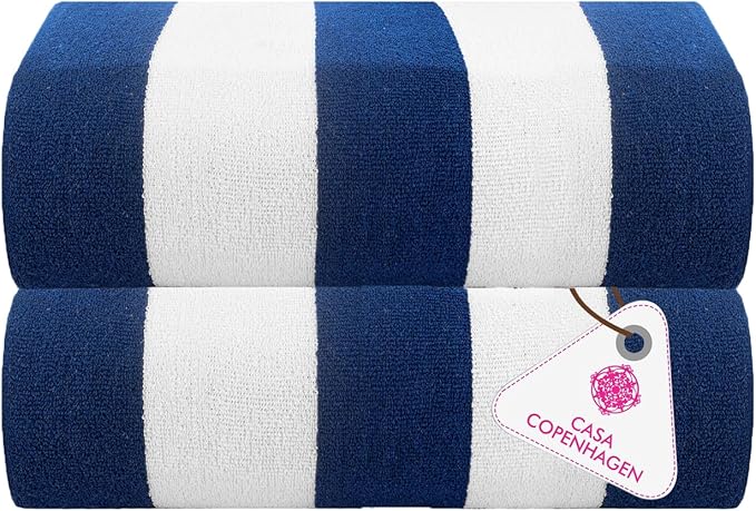 CASA COPENHAGEN Cabana Towels 2Pcs Royal Blue Designer Stripe Beach Bathsheet Towels Gift Set, 35"x70" Oversized 100% Cotton Pool Bath Sheet Gift Set (Perfect Summer Gift Set for Women & Men)