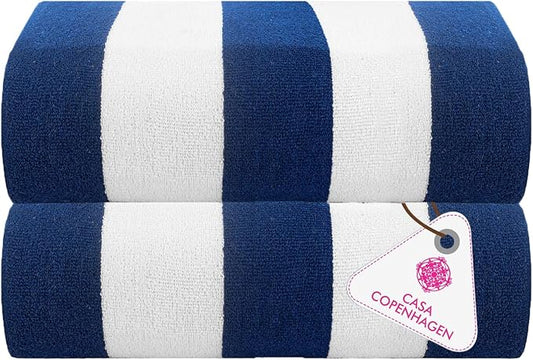 CASA COPENHAGEN Cabana Towels 2Pcs Royal Blue Designer Stripe Beach Bathsheet Towels Gift Set, 35"x70" Oversized 100% Cotton Pool Bath Sheet Gift Set (Perfect Summer Gift Set for Women & Men)