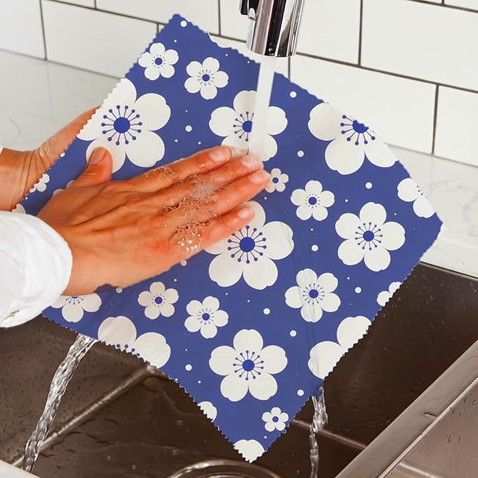 Reusable Beeswax Wraps, 9 Pack Sandwich Bowl Bread Food Storage, Organic Sustainable Zero Waste Plastic-Free, 1XL, 3M, 5S, Indigo Blue Floral Wave and Leaf Patterns
