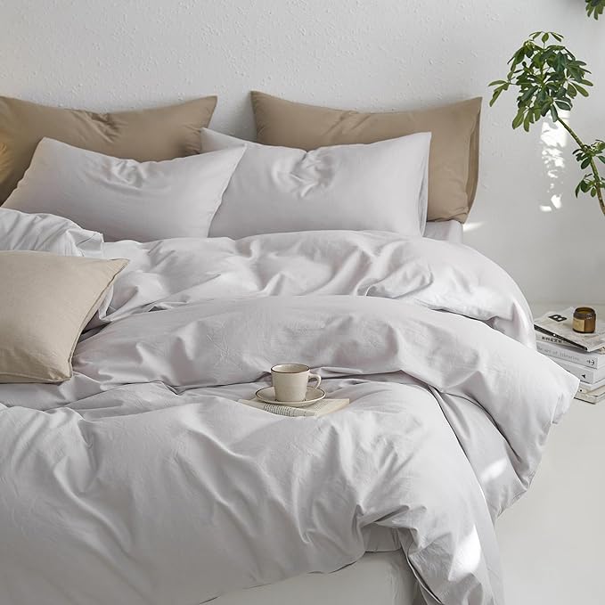 MooMee California King Duvet Cover Set, 100% Washed Cotton Linen Like Twill Thick Sturdy Material Super Soft Breathable Durable Bedding for All Season, 3 Pieces (Light Gray, Cal King 104"x98")