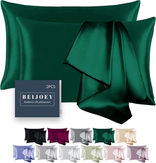 100% Mulberry Silk Pillowcase 2 Pack for Hair and Skin,with Hidden Zipper,Both Sides 19 Momme 600 Thread Count Natural Silk Pillow Cover,Soft Breathable Smooth (Dark Green, Queen 20''x30'')
