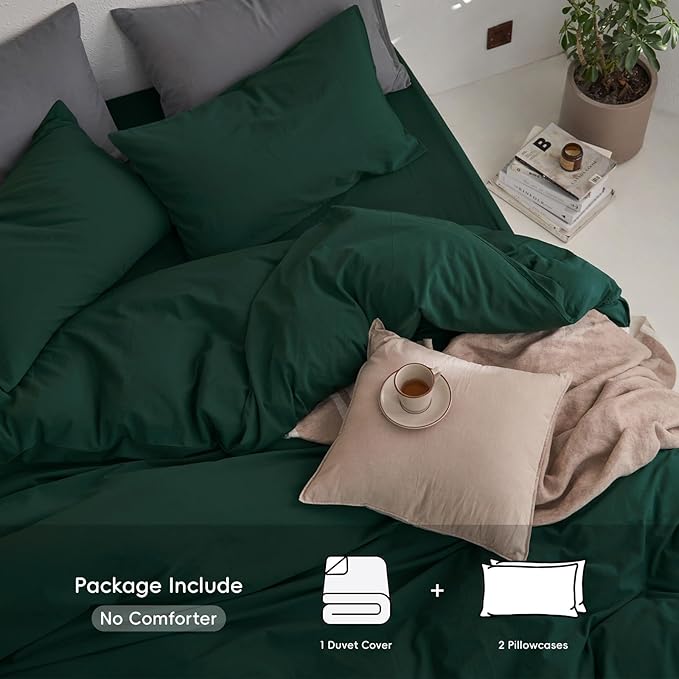 MooMee King Duvet Cover Set, 100% Washed Cotton Linen Like Twill Thick Sturdy Material Super Soft Breathable Durable Bedding for All Season, 3 Pieces (Forest Green, King 104"x90")