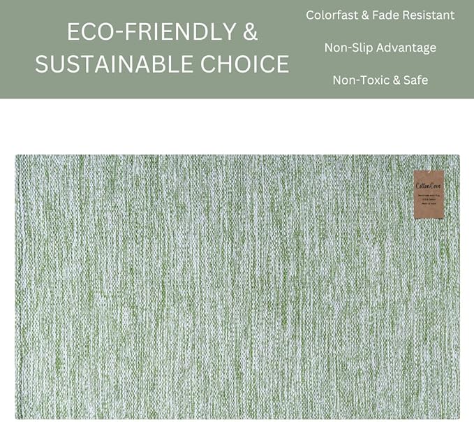 Hand Woven Area Rug 3x5 Feet - Rustic Farmhouse Bohemian Accent Rug for Living Room Bedroom Kitchen Entryway Floor Mats - Ideal for High Traffic Areas 100% Cotton Rag Rug Green