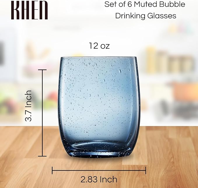 Khen Recycled Glass Drinking Glasses, Set of 6 Colored Bubble Drinking Glass – Handcrafted Mexican Tumblers (12 oz) – Vintage Design for Water, Cocktails, Juice – Unique Color Drinkware Gift