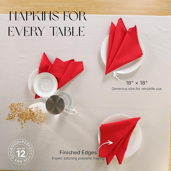 Cloth Napkins Set of 12, 100% Cotton Fabric Reusable Dinner Napkins, 18 x 18 Inch Washable Table & Kitchen Napkins for Everyday Dining, Entertaining, Home & Restaurant Use, Red