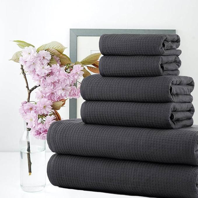 CASA COPENHAGEN Waffle 6Pcs 100% Egyptian Cotton Large Designer Towels Gift Set- Silver Grey, 2Bath 2Hand 2Washcloths, Bath Towels for Bathroom (Box Pack, Set for Women & Men)