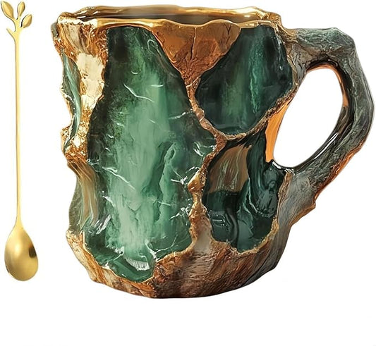 Mineral Crystal Coffee Mugs, Resin Imitating Natural Agate Appearance, Mineral Coffee Mug New Elegant Multi Colored, Durable and Dishwasher Safe for Daily Use & Gifting(Green)