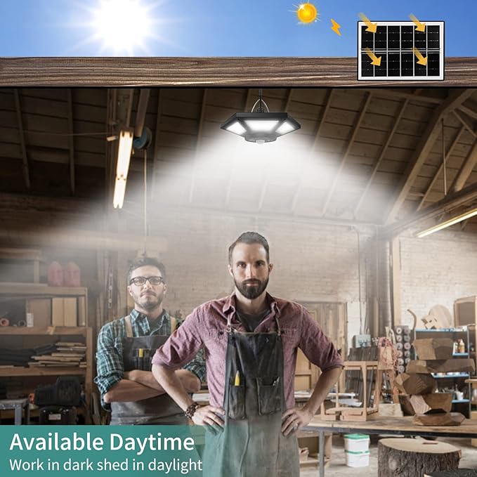 AEQ Solar Pendant Light Indoor/Outdoor with Remote Control, 360 Waterproof Solar Light with Motion Sensor/Timer/5 Modes for Home Shed Garage Barn