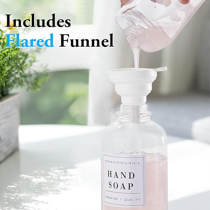Glass Soap Dispenser with Pump,Tray,Funnel, Countertop Soap and Lotion Dispenser Set of 2, Dish and Hand Soap Dispenser Bottle for Kitchen,Bathroom,Shower, with 60 Stickers, 500ml/16.9oz