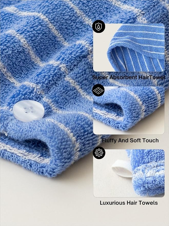 WENSHUO Azure Holiday-Striped Hair Towel Wrap-Drying Tool,100% Combed Cotton,Luxury Hair Dry Towels,Super Absorbent with Button Fasten(Pack of 1)