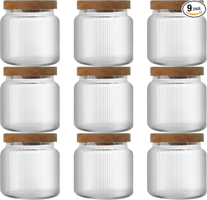 300ml/10.15Oz Glass Storage Containers with Wood Lids - Airtight Spice Jars with Lids - Overnight Oats Jar - Stacable Glass Jars for Coffee,Sugar,Tea,Spice