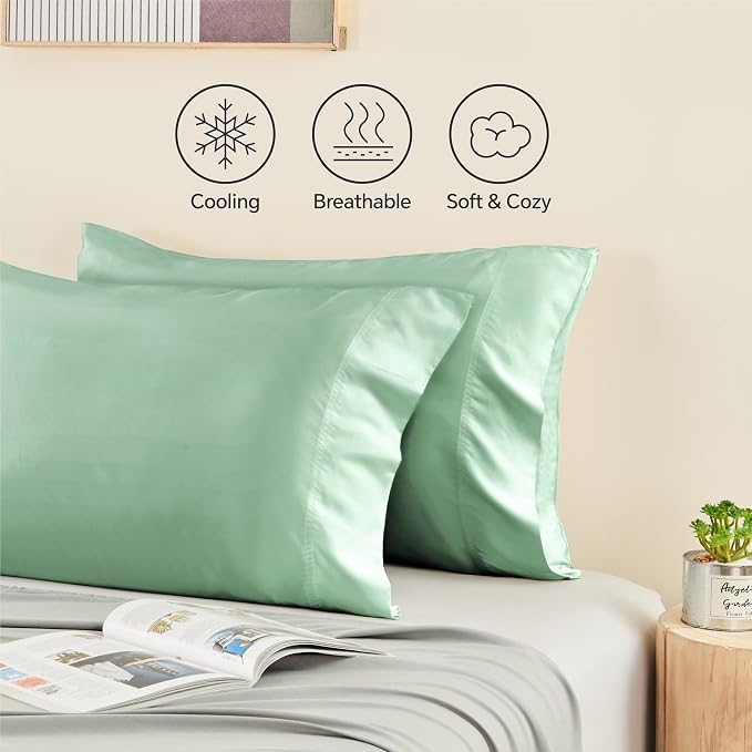 BEDELITE Standard Pillow Cases Set of 2, Rayon Derived from Bamboo, Cooling Pillow Cases for Hot Sleepers & Night Sweats, Breathable Silky Soft Envelope Pillowcases(Mint Green, 20"x26")