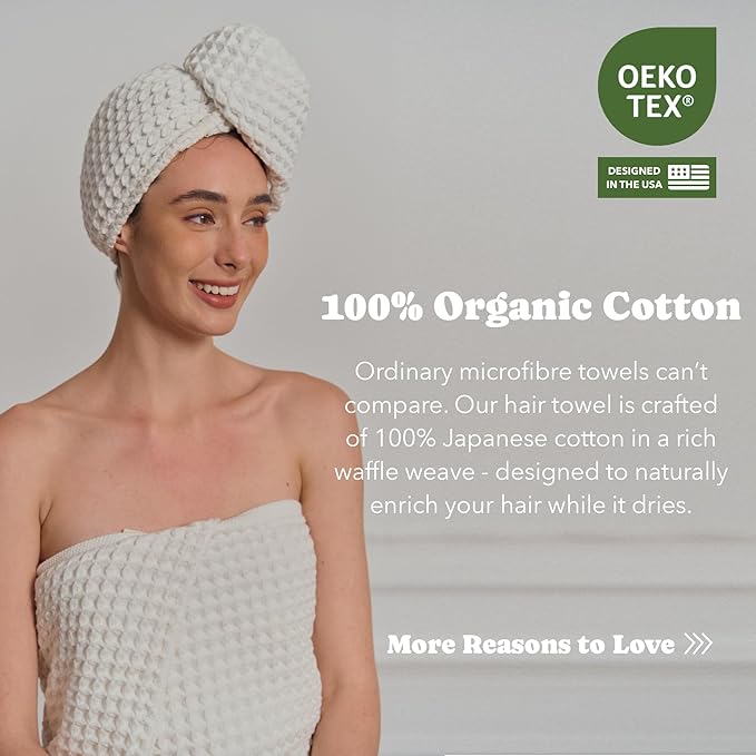 Luxury Organic Japanese Cotton Hair Drying Waffle Towel Wrap for Women | Absorbent, Quick-Dry Head Turban for Shower, Sauna, Spa | Extra Large for Long, Curly, Straight Hair With Button (White, 1 Pc)