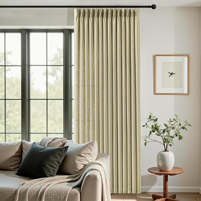 IVAPUPU 96 Inch Linen Curtains 2 Panel Set for Living Room, Pinch Pleated Semi Sheer Curtain Rustic Textured Light Filtering Memory Trained Drapes with Hook for Bedroom Office, Grey Beige, W40xL96