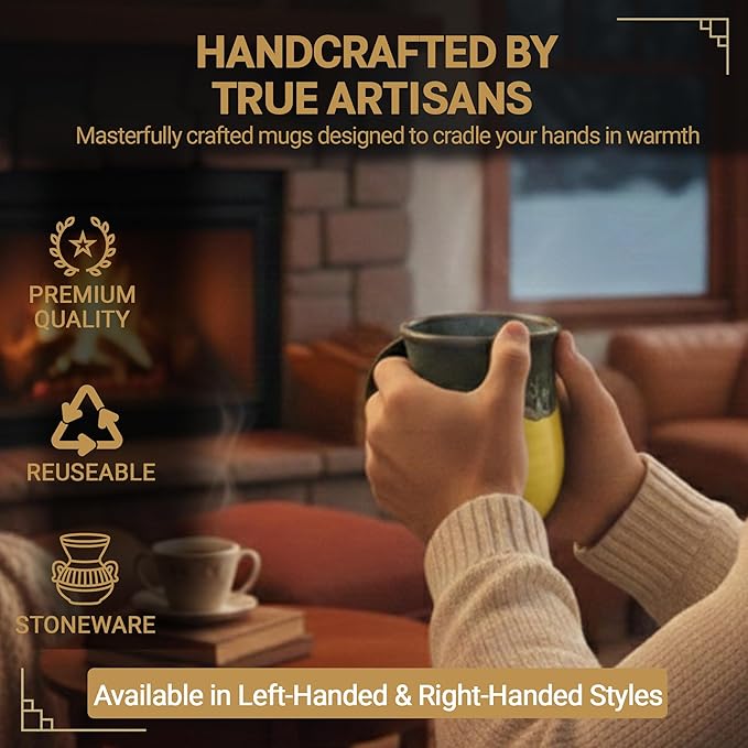 Clay in Motion Hand Warmer Coffee Mug – Handmade Coffee Mug With Comfortable Handle Contoured Pocket Hand Warming Ceramic Coffee Mug – Proudly Made in USA – Left Handed – 14 Oz - Yellow Black