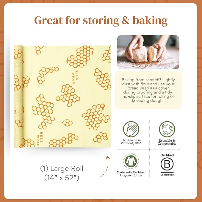 Bee's Wrap Plastic-Free Transition Kit - Beeswax Food Wraps Bundle Includes Cut to Size Honeycomb Roll, 3 Bakery Lane Prints & 3 Honeycomb Prints - Made in the USA Beeswax Reusable Wraps for Food