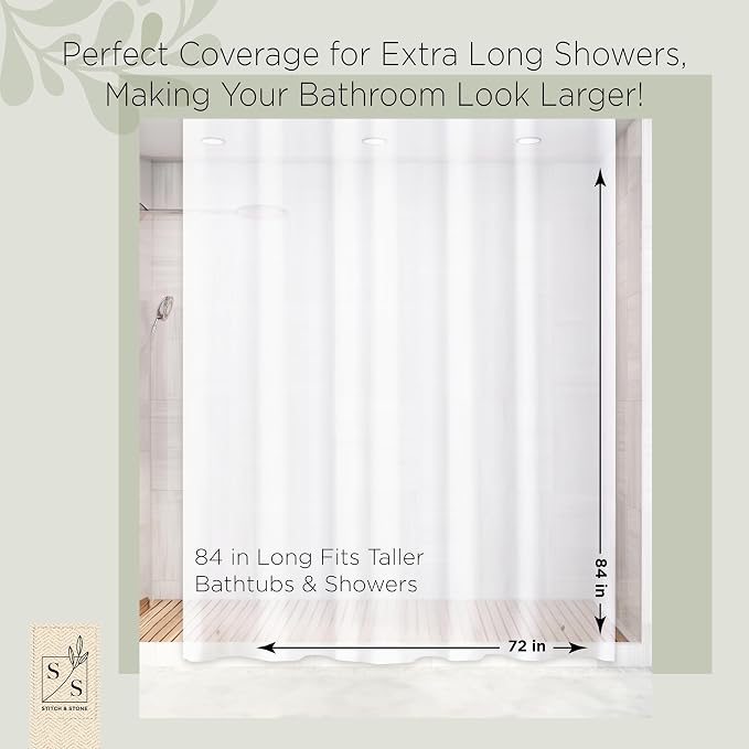 Stitch & Stone Shower Curtain Liner, Premium Medium Weight Durable Waterproof 6g PEVA for Bathroom with Weighted Magnets, Extra Long 72" x 84", Frosty 1 Pack
