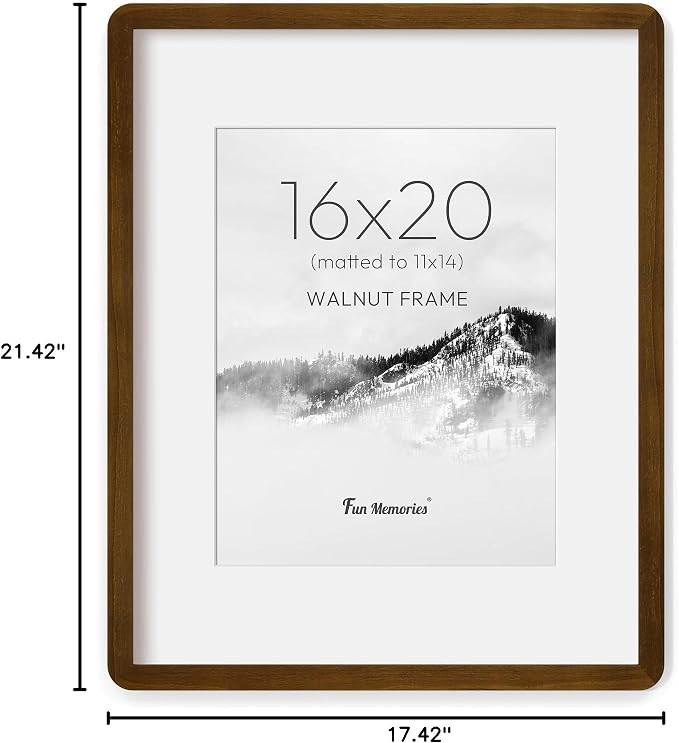 Fun Memories 16x20 Picture Frame - Solid Walnut Wood Poster Frame, Handcrafted Rounded Corner 16 x 20 Wooden Frames Matted to 11x14 Photos, Horizontal or Vertical Wall Mounting, Natural Walnut