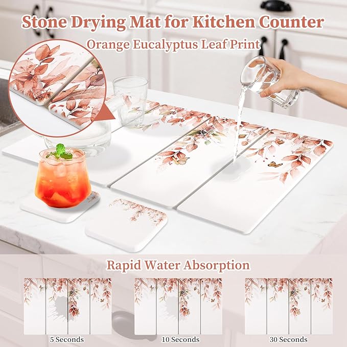 Large Stone Dish Drying Mat for Kitchen Counter, 24"×16" Quick Dry Dishes Mats, Foldable Diatomaceous Earth Drying Organizer Pad Water Absorbing for Plate Bottles Utensils