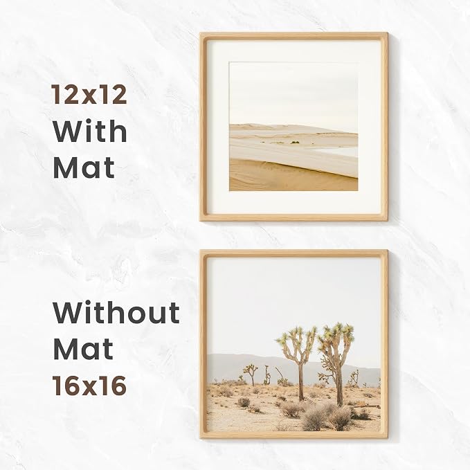 16x16 Picture Frame, USA-Sourced Beech Wood Photo Frame with HD Tempered Glass, Handcrafted Rounded Corner 16 x 16 Wooden Frame Matted to 12x12 Photos, 16x16 frame, Tabletop or Wall Display