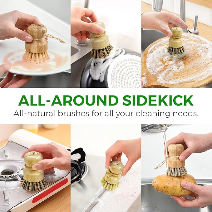 AIRNEX Bamboo Dish Brush Set - 3 Pack Sisal & Coconut Medium and Hard Bristles & 2 Pack Dish Brushes with Handle - Non-Scratch, Odor-Free, Quick-Drying Kitchen Scrubbers for Dishes, Pans, Pots & Sink