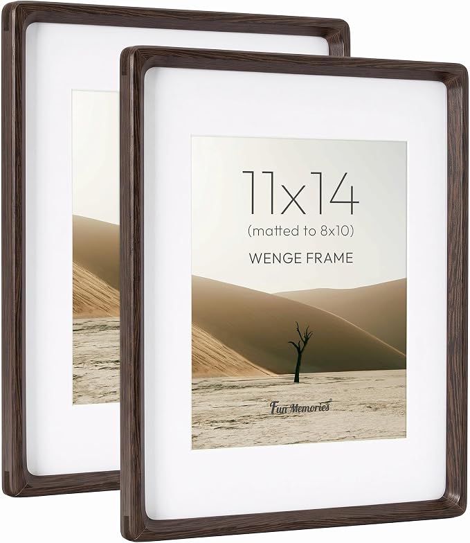 11x14 Picture Frame, Natural Wenge Wood Photo Frame with HD Tempered Glass, Handcrafted Rounded Corner 11 x 14 Wooden Frames Matted to 8x10 Photos, Horizontal or Vertical Wall Display, 2 Pack