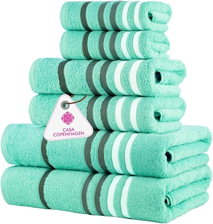 CASA COPENHAGEN Exotic 6Pcs 100% Egyptian Cotton Large Designer Towels Gift Set- Blue-Green, 550GSM, 2Bath 2Hand 2Washcloths, Bath Towels for Bathroom (Box Pack, Gift Set for Women & Men)