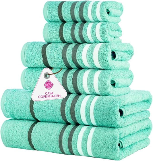 CASA COPENHAGEN Exotic 6Pcs 100% Egyptian Cotton Large Designer Towels Gift Set- Blue-Green, 550GSM, 2Bath 2Hand 2Washcloths, Bath Towels for Bathroom (Box Pack, Gift Set for Women & Men)