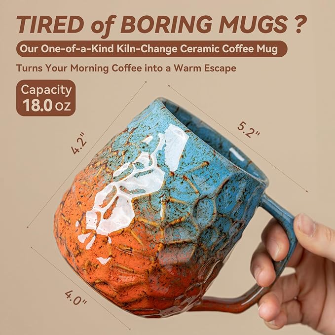 18oz Unique Blue & Orange Kiln-Change Ceramic Coffee Mug, Handcrafted Hammered Texture Ceramic Mug with Ergonomic Handle, Microwave & Dishwasher Safe, Gift for Coffee Lovers, Home Office Daily Use