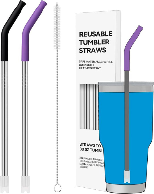 2 PCS 30oz Reusable Straws Ideal for 30oz Stanley Cup & 24oz Tumblers | Stainless Steel Drinking Straw with Anti-Clank Silicone Bottom, Fits Most Medium-Size Mugs